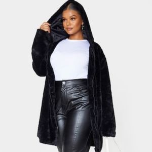 NWT Black faux fur hooded jacket by PLT